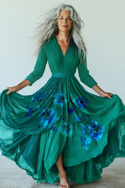 emerald floral print twirl maxi dress for women over 60 outdoors