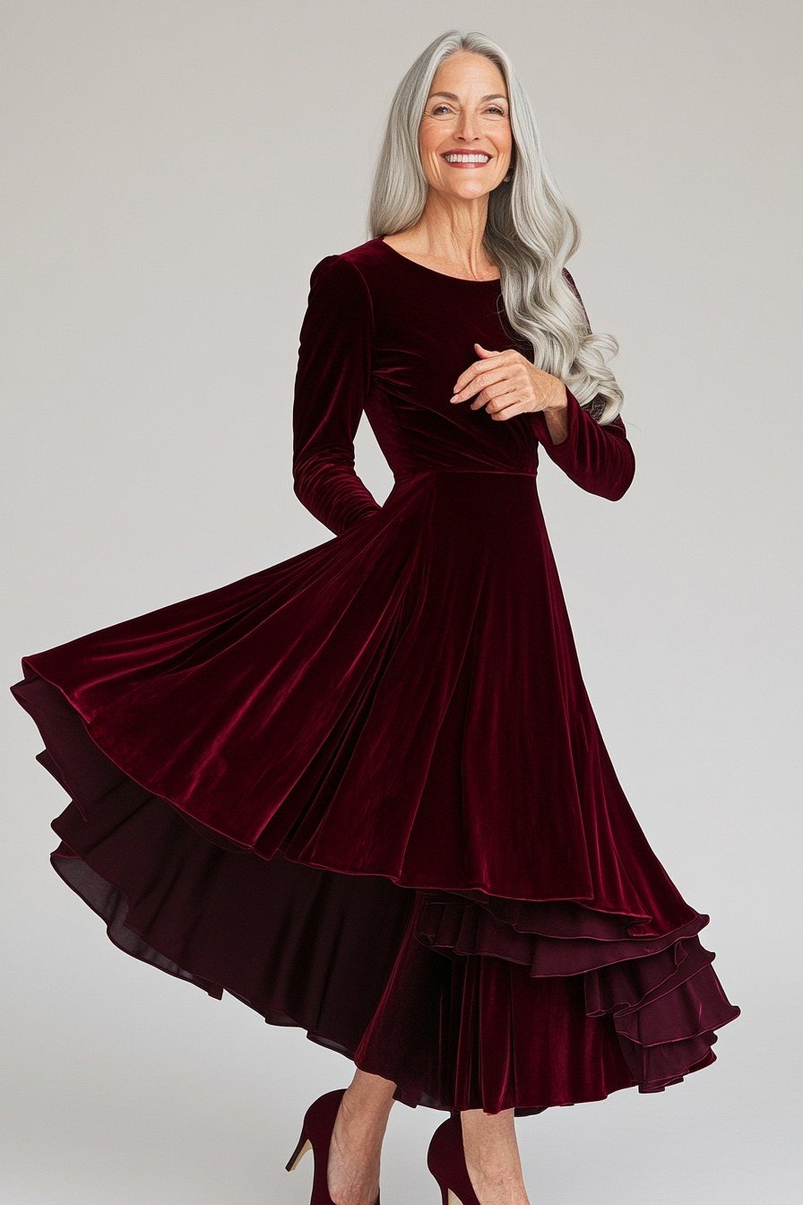 burgundy velvet twirl dress with ruffle hem for christmas party