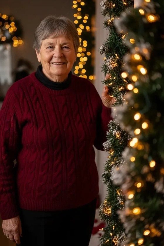 Burgundy Cable-Knit Sweater by the Garland worn by older woman, burgundy cable-knit sweater by lit garland