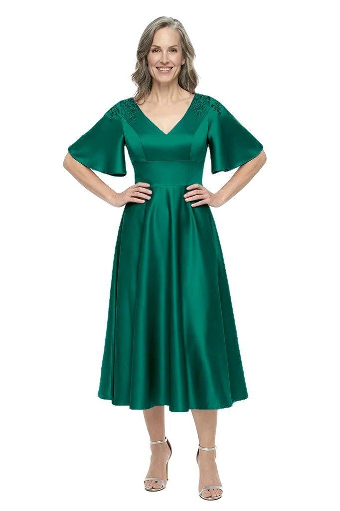 emerald green satin skater midi dress for holiday evening
