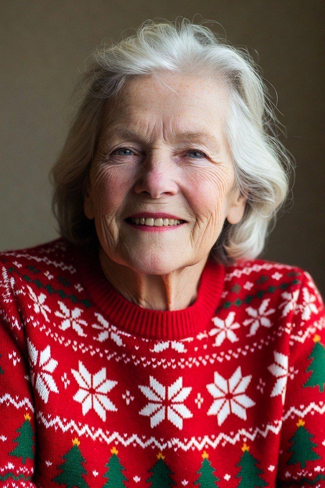 Red Snowflake Fair Isle Sweater worn by older woman, red snowflake fair isle sweater portrait