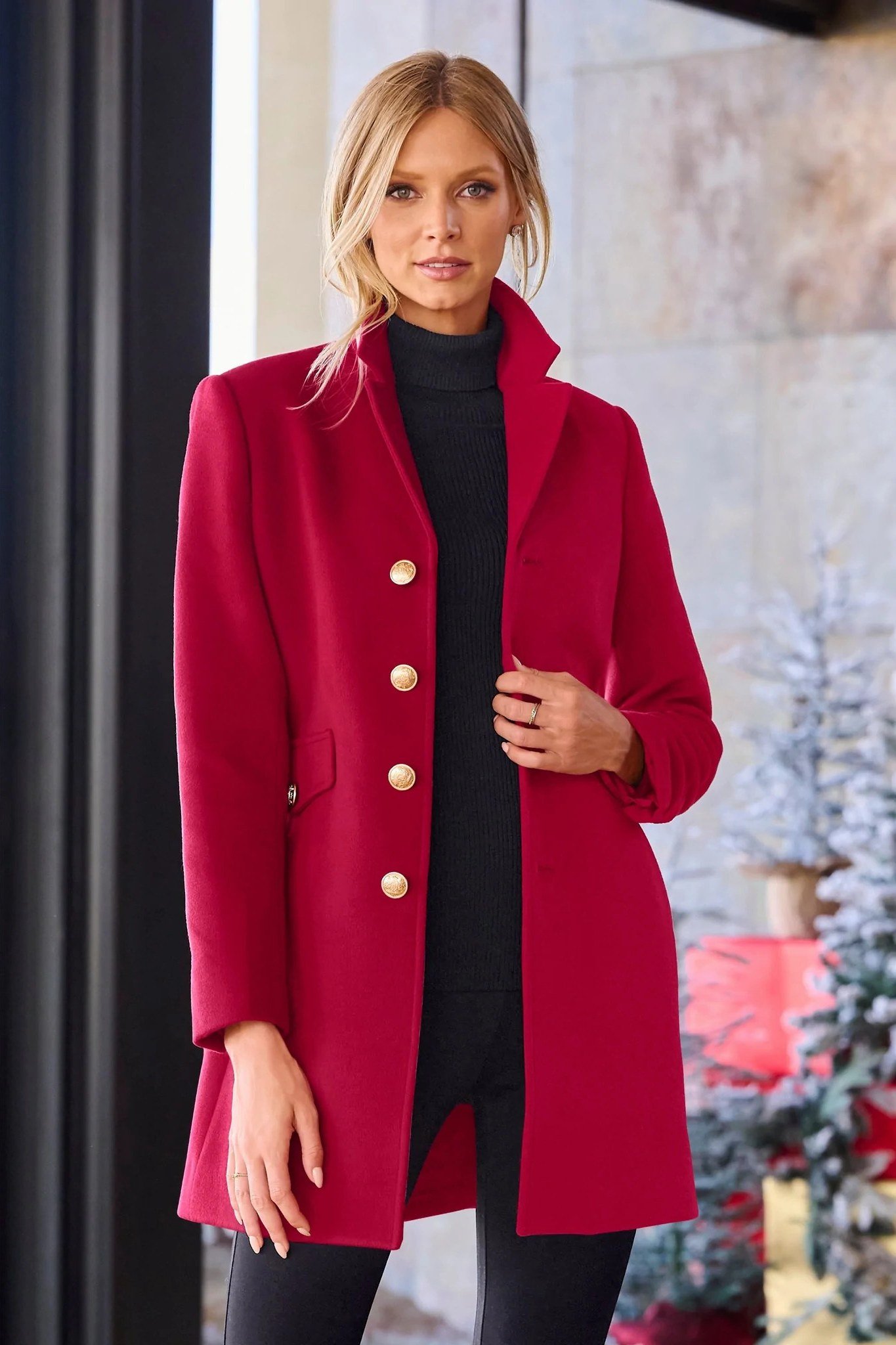 tailored red coat with gold buttons for christmas style