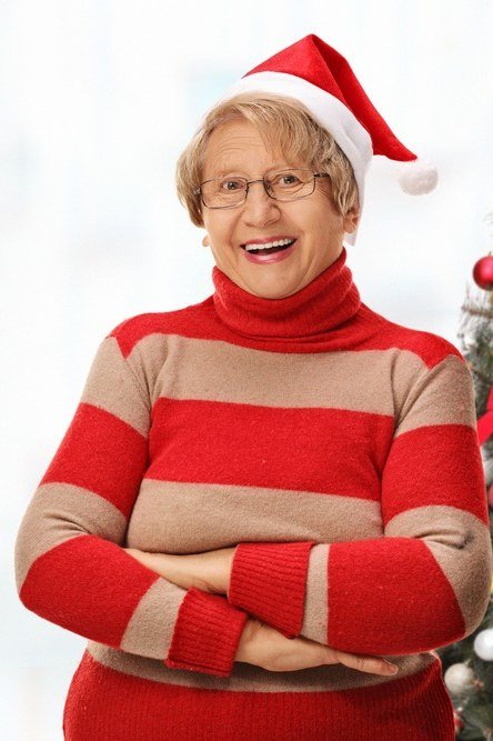 Red and Beige Striped Turtleneck with a Santa Hat worn by older woman, red and beige striped turtleneck sweater with Santa ha