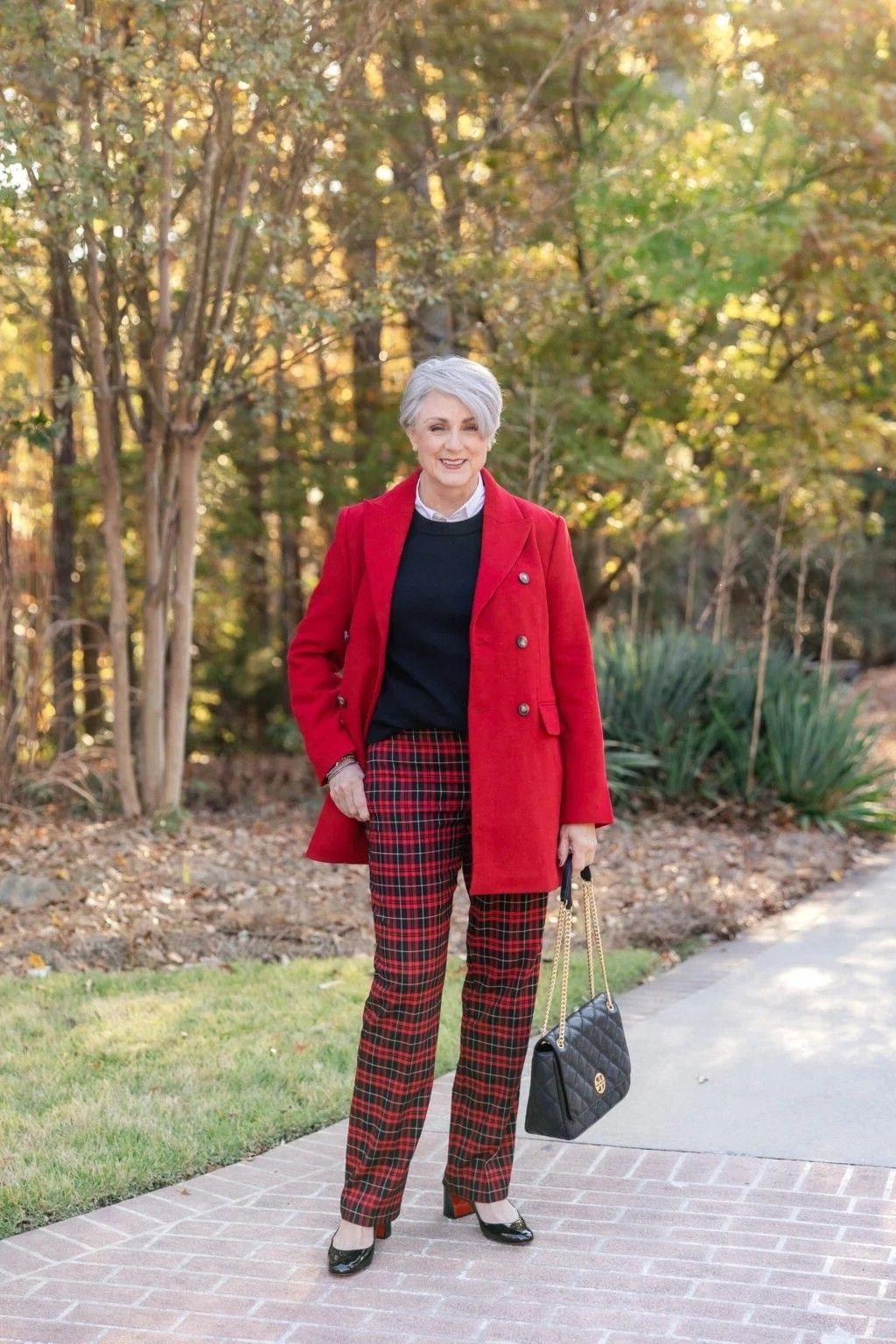 red blazer with red plaid trousers for holiday office party