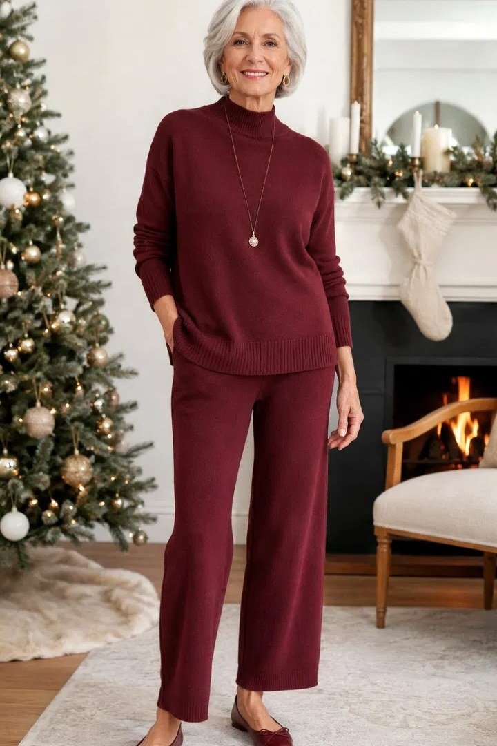 burgundy turtleneck with burgundy trousers by warm fireplace