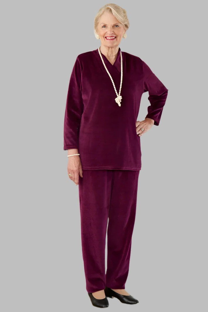 burgundy velvet top with matching velvet trousers for holidays