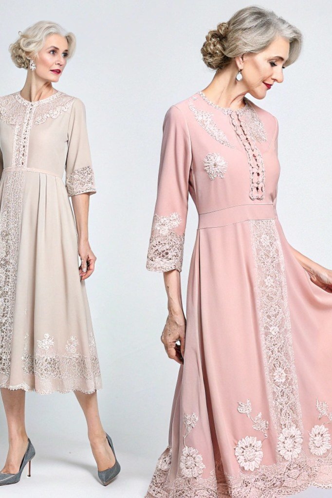 Blush Pink Lace Midi Dress worn by older woman, blush pink lace midi dress, studio, two views