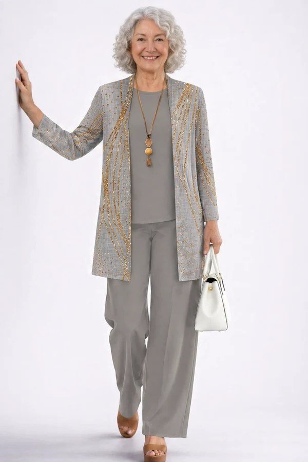 silver brocade jacket with dark trousers for holiday dinner