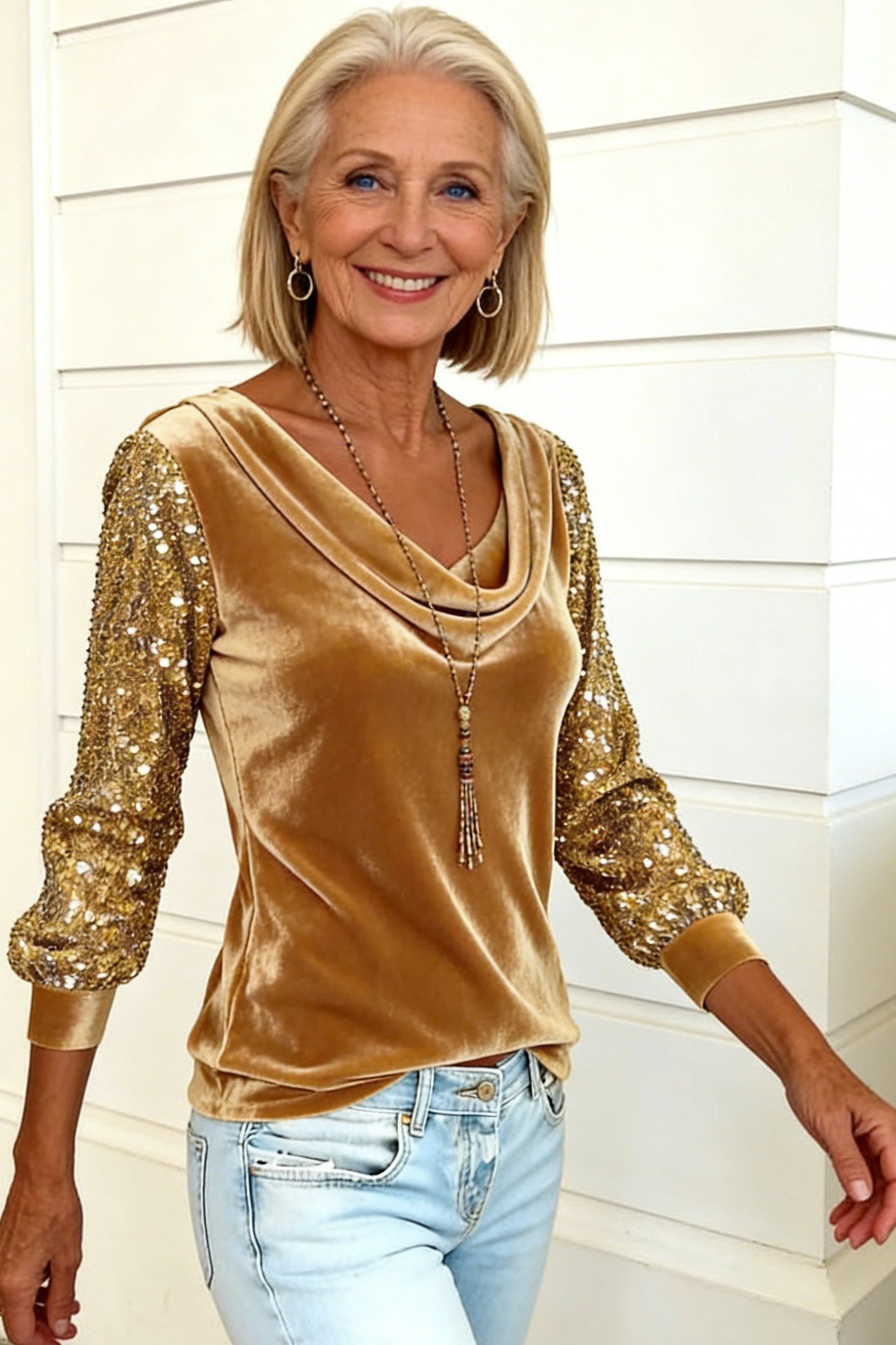 gold velvet top with sequin sleeves and jeans for christmas
