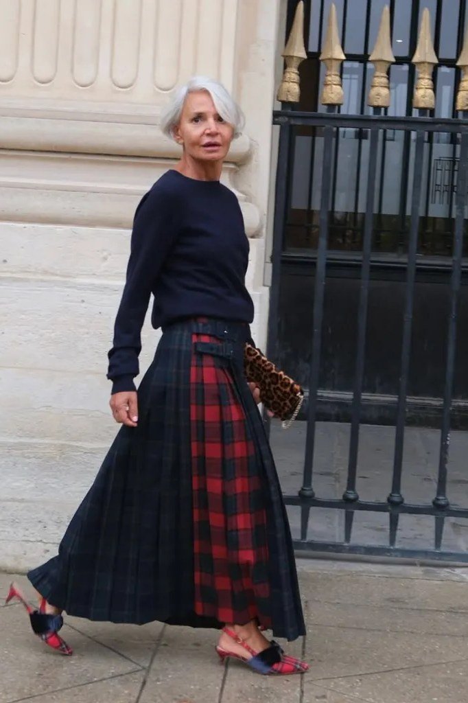 navy top with red black plaid maxi skirt for christmas