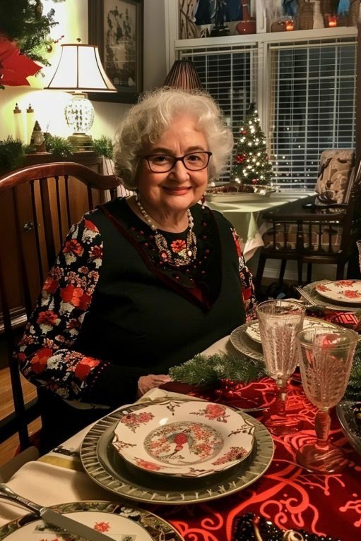 Floral Embroidered Vest at the Dinner Table worn by older woman, floral embroidered vest with black top at dinner table
