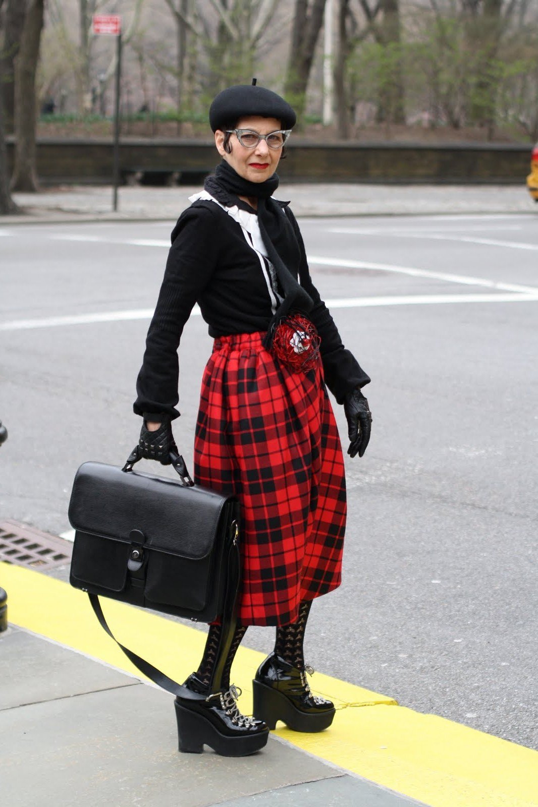 red black plaid skirt with beret and platform boots