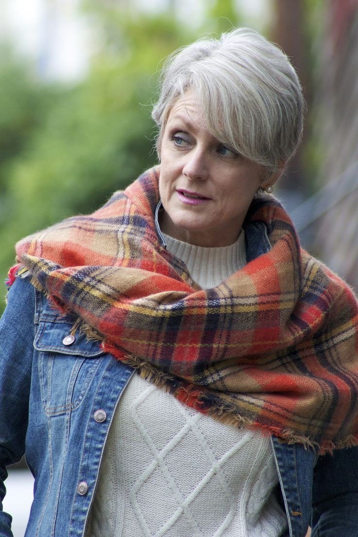 rust plaid scarf with denim jacket close up winter style