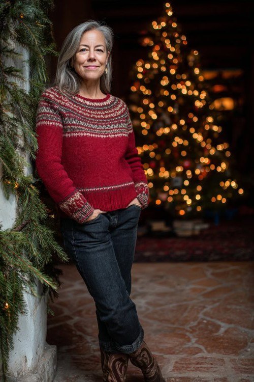 red fair isle sweater with dark jeans by garland and tree
