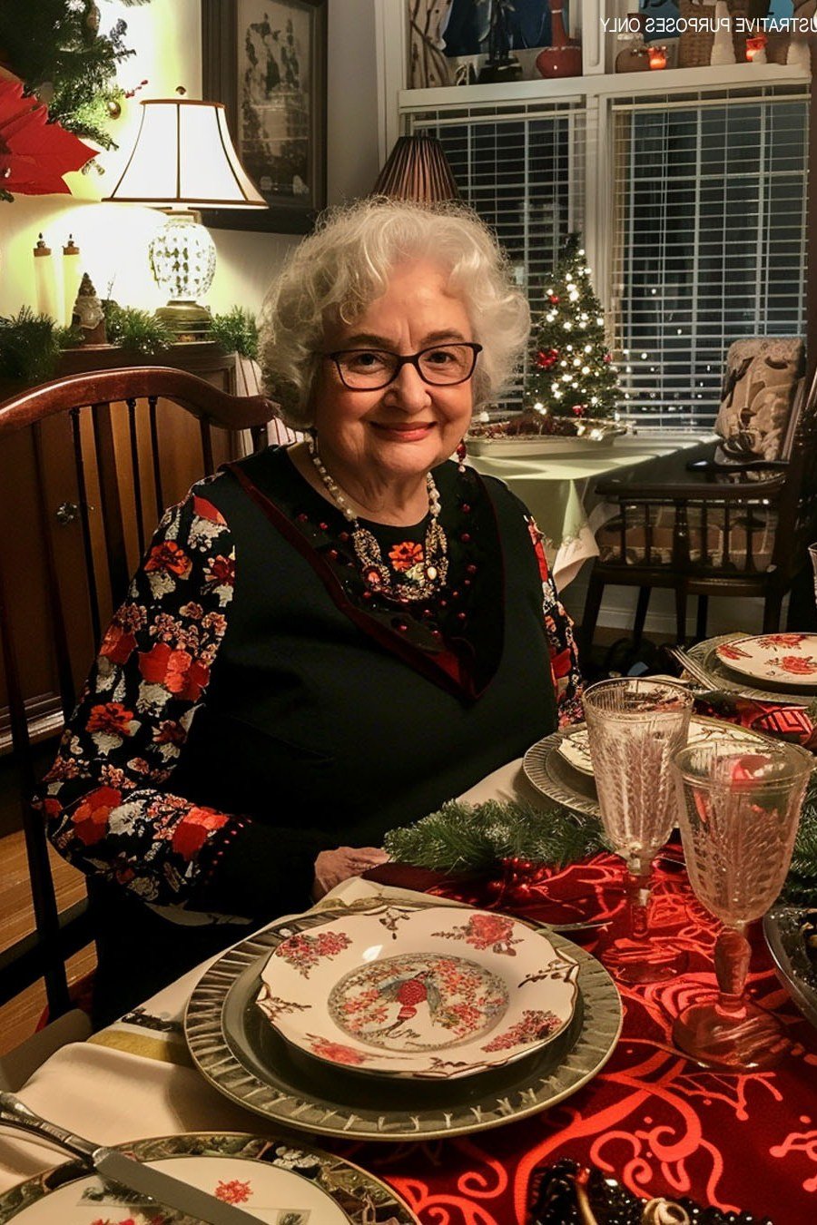 Floral Vest with a Black Top at the Table worn by older woman, floral vest with black top at decorated dinner table