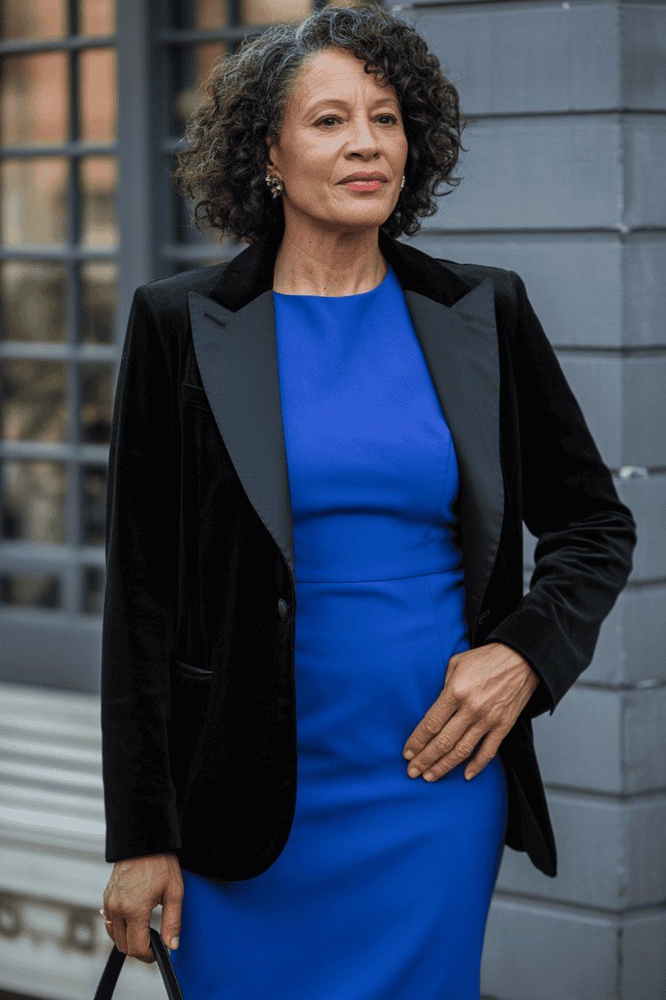 black velvet blazer with royal blue sheath dress for party