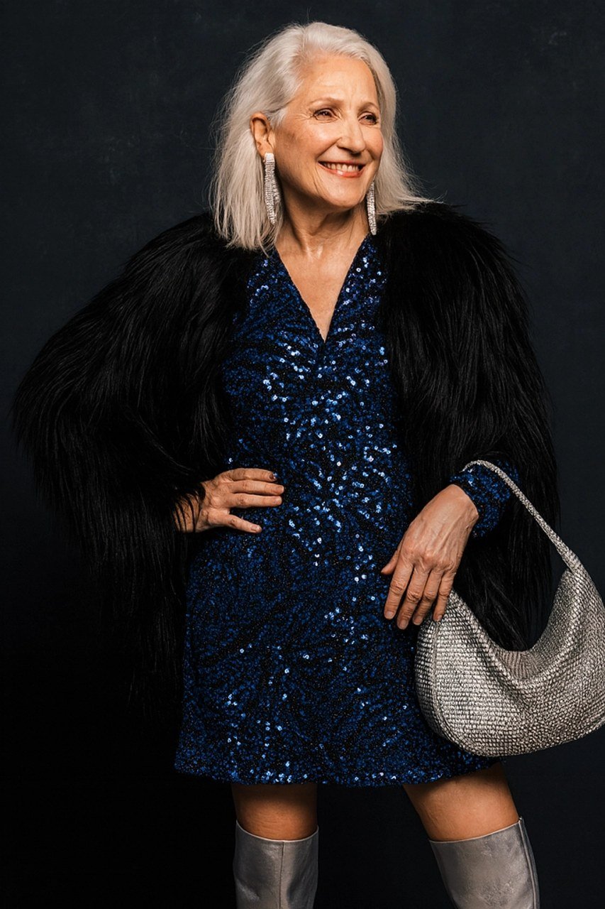 Navy blue sequin Christmas dress with black faux fur stole, evening party outfit for women over 70