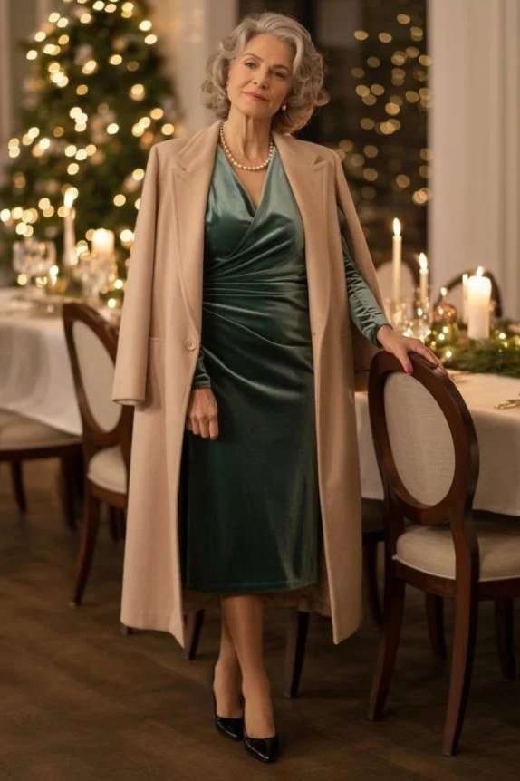 Emerald green velvet wrap Christmas dress with camel wool coat, elegant dinner outfit for women over 70