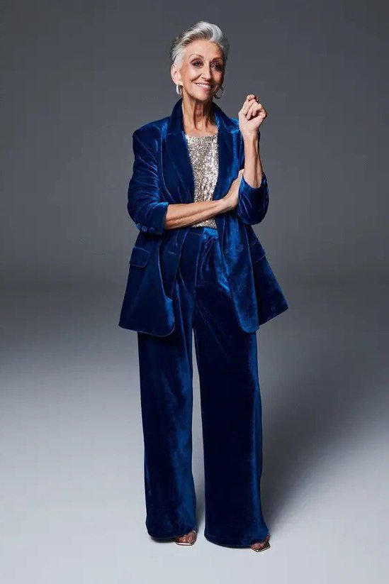 Royal blue velvet blazer with matching wide-leg trousers, Christmas suit outfit for women over 70