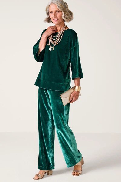 Emerald green velvet top with matching wide-leg velvet pants, Christmas outfit for women over 70