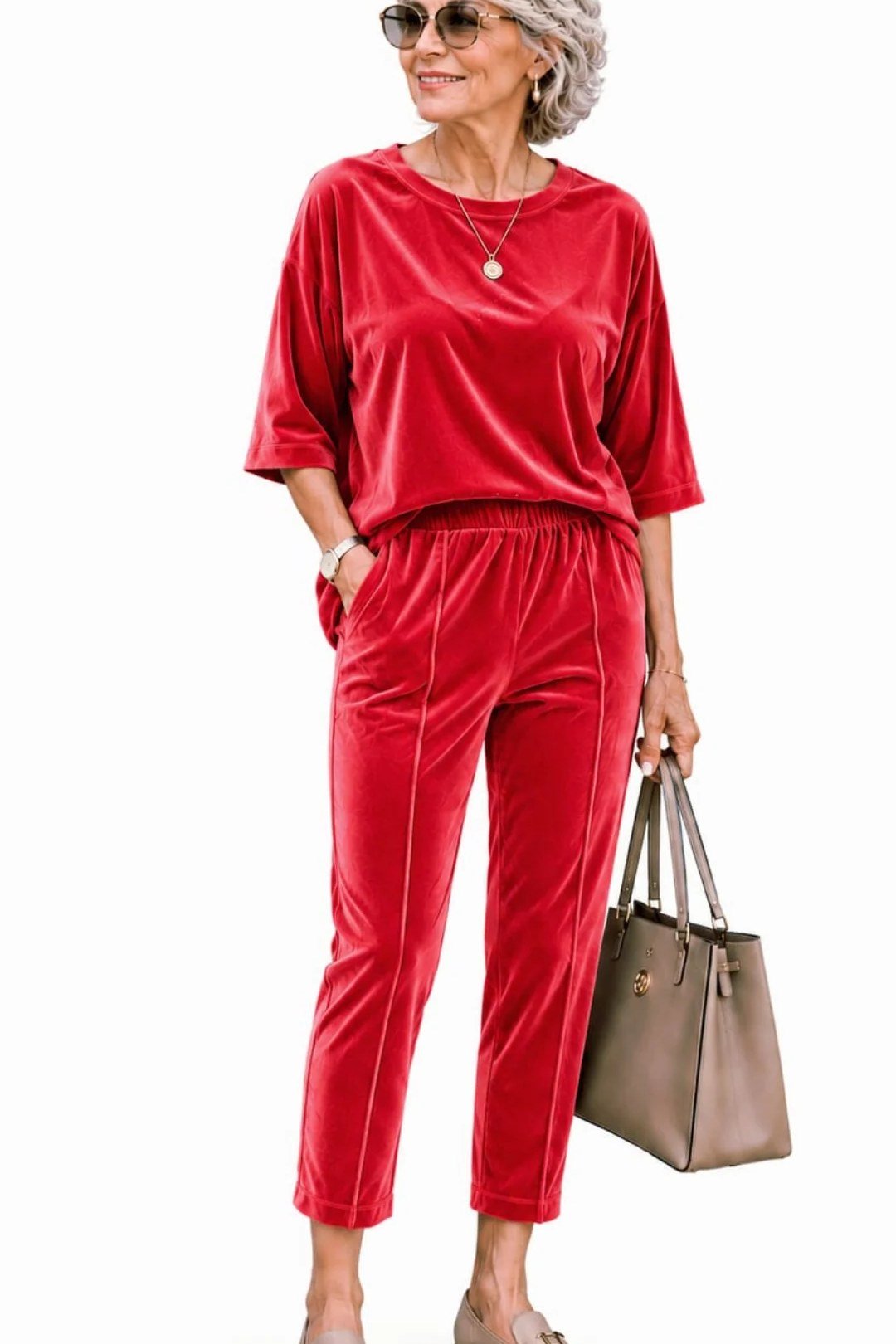 Red velvet top with red velvet drawstring pants and handbag, casual Christmas outfit for women over 70