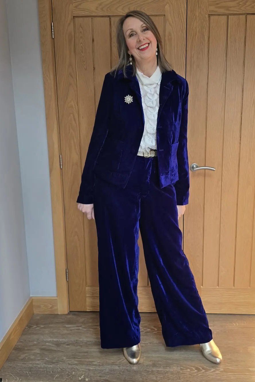 Royal blue velvet blazer with matching pants and white blouse, Christmas outfit for women over 70