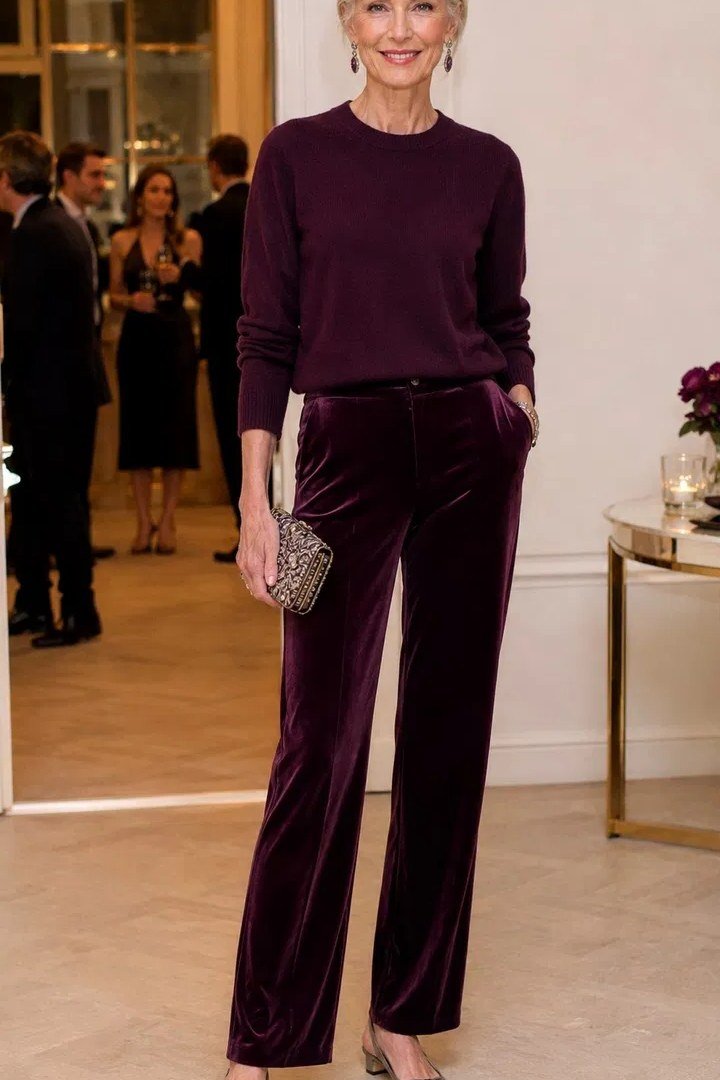Plum velvet top with plum velvet trousers at evening party, elegant Christmas outfit for women over 70