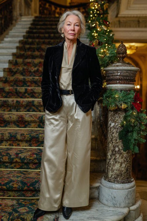 Black velvet blazer with champagne satin wide-leg pants on staircase, gala Christmas outfit for women over 70