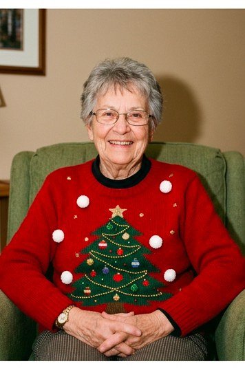 Red Christmas tree sweater seated in green armchair, fun holiday outfit for women over 70