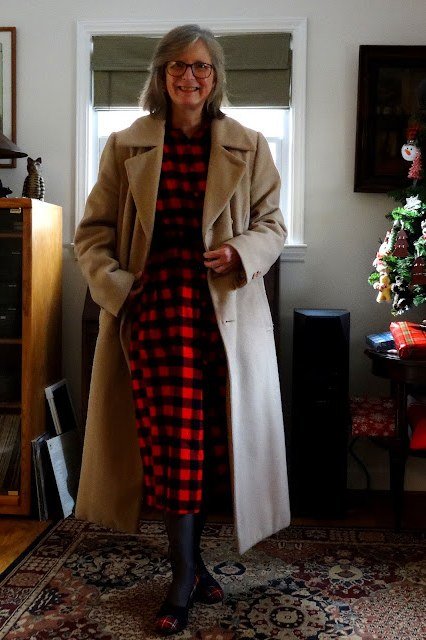 Red plaid midi Christmas dress with camel coat, classic holiday outfit for women over 70