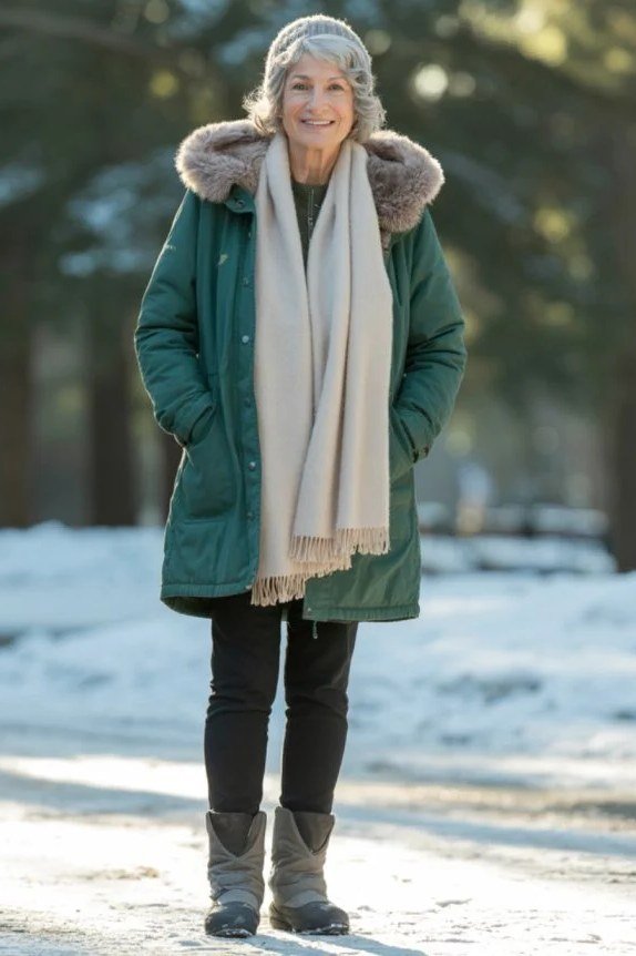 Green parka with fur hood and cream scarf in snow, warm winter Christmas outfit for women over 70
