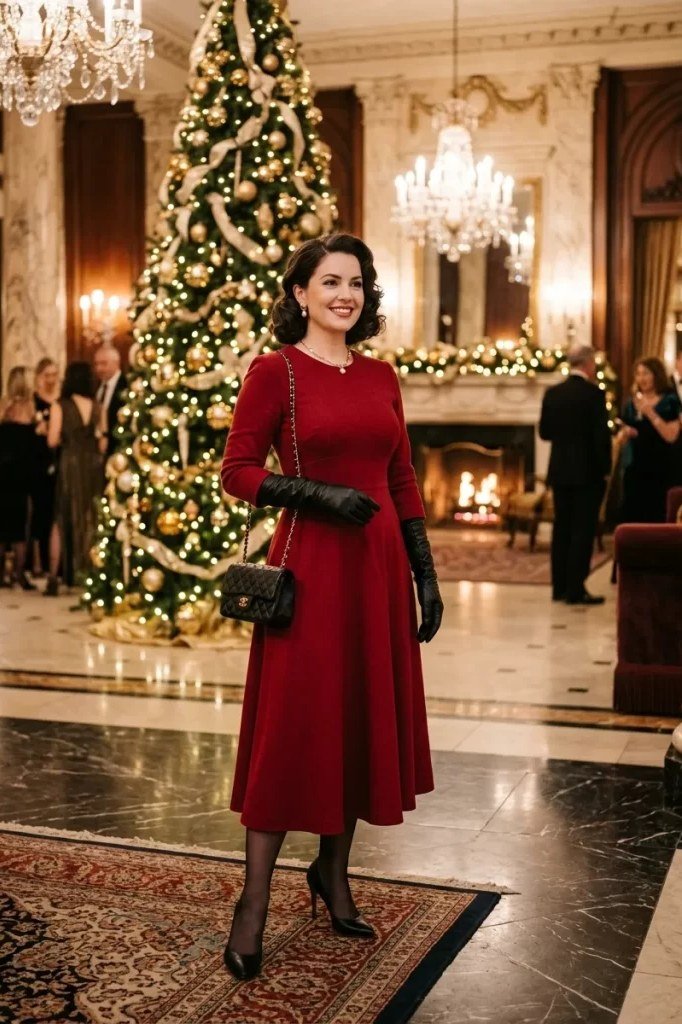 Burgundy sheath Christmas dress with clutch at gala party, formal holiday outfit for women over 70
