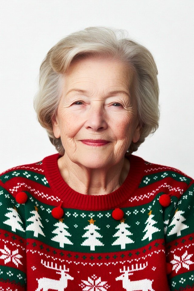 Red reindeer fair isle Christmas sweater studio portrait, classic holiday outfit for women over 70