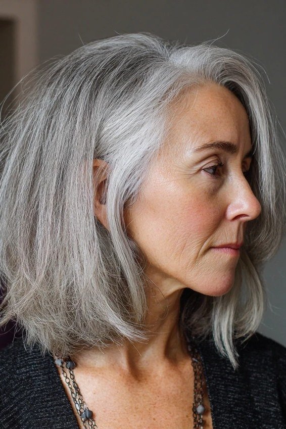 Silver Lob with Face-Framing Pieces for women over 60