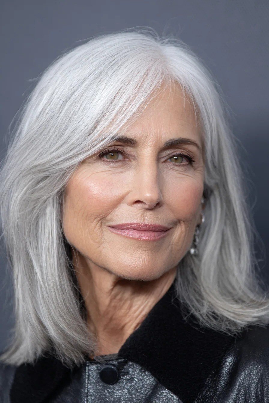 Long Silver Layers with a Center Part for women over 60