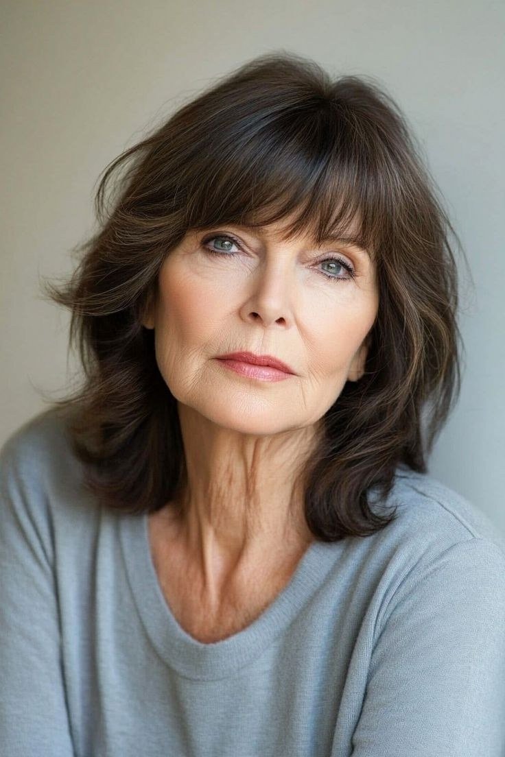 Warm Brown Cut with Soft Bangs for women over 60