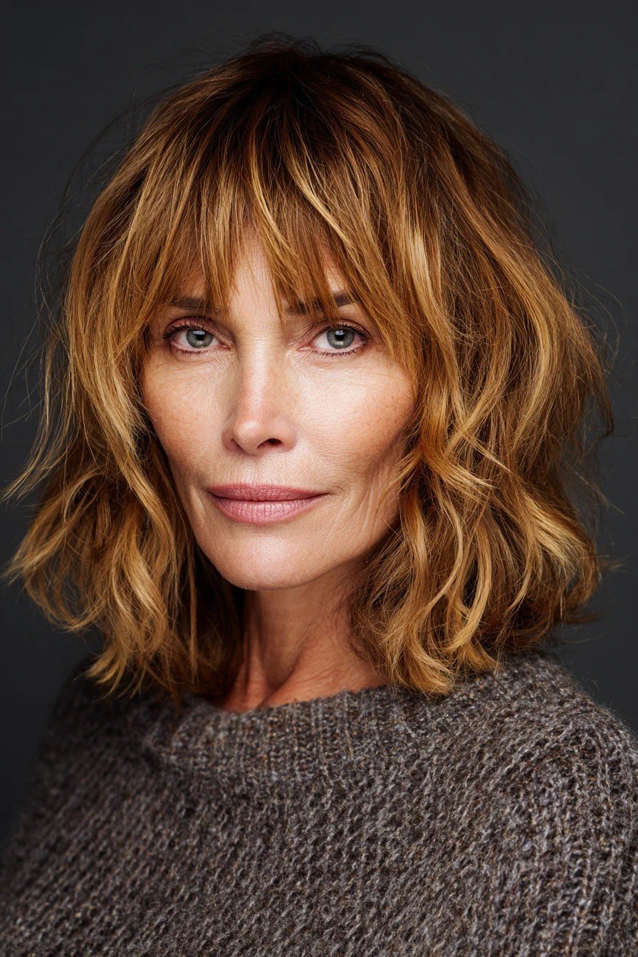 Copper Wavy Cut with Curtain Bangs for women over 60