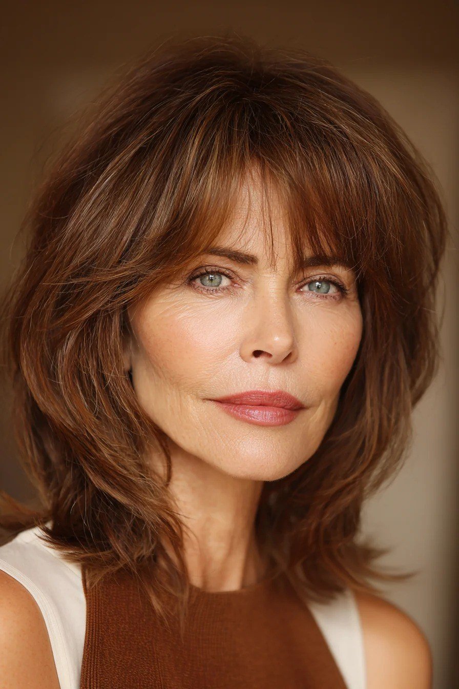 Chestnut Shag with Bangs for women over 60
