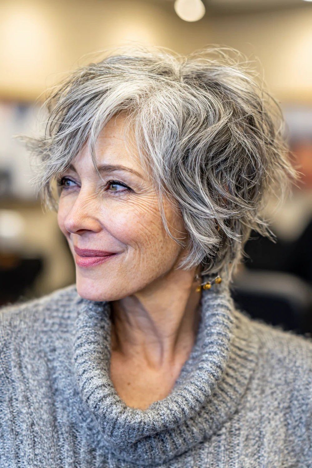 Grey Shaggy Cut with Soft Waves for women over 60