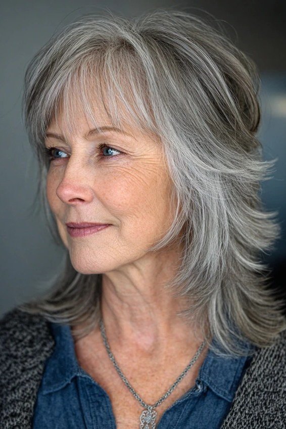 Grey Layered Cut with Wispy Bangs for women over 60
