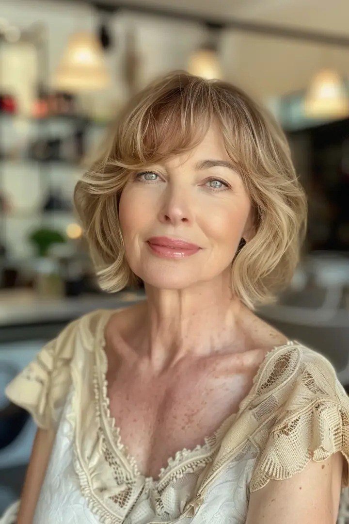 Blonde Wavy Cut with Curtain Bangs for women over 60