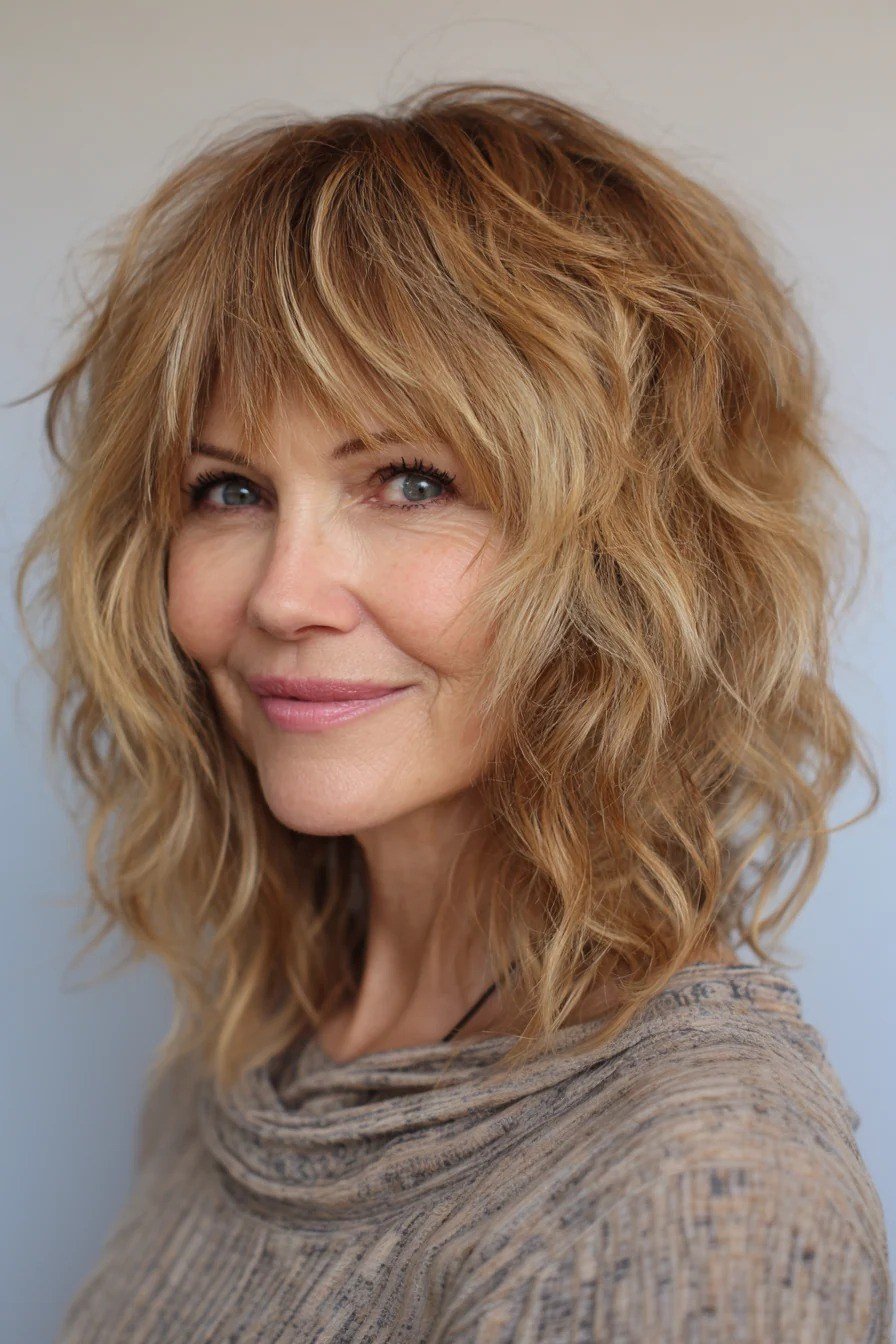 Blonde Curly Cut with Bangs for women over 60