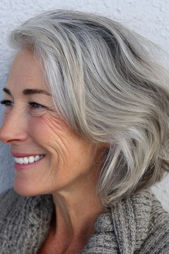 Silver Wavy Cut with Side Part for women over 60