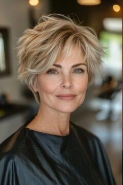 Short Feathered Blonde Pixie Bob - youthful hairstyle for women over 40