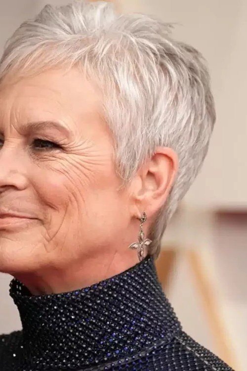 Short Textured Silver Pixie with Lift - youthful hairstyle for women over 40
