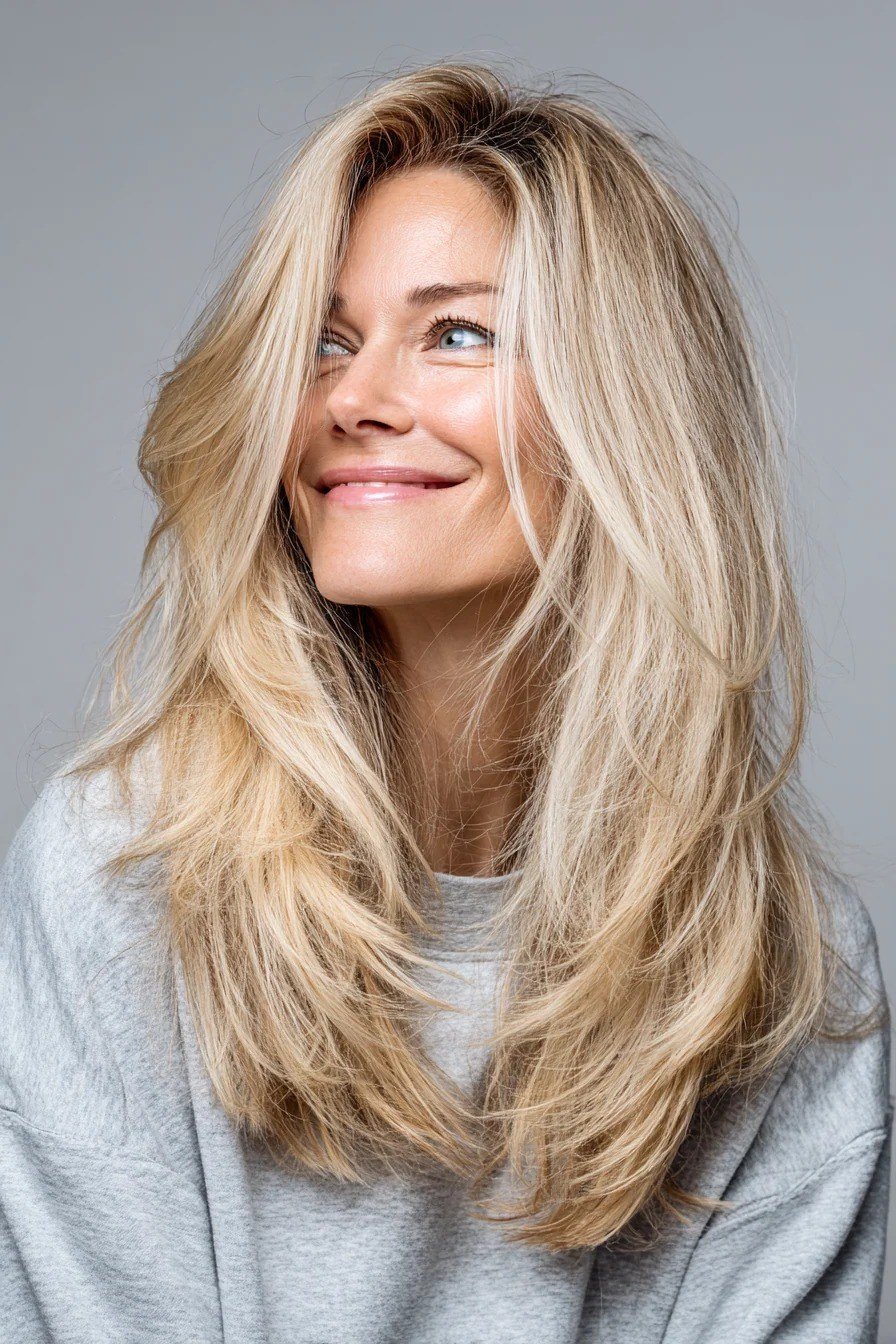 Long Blonde Layered Blowout - youthful hairstyle for women over 40