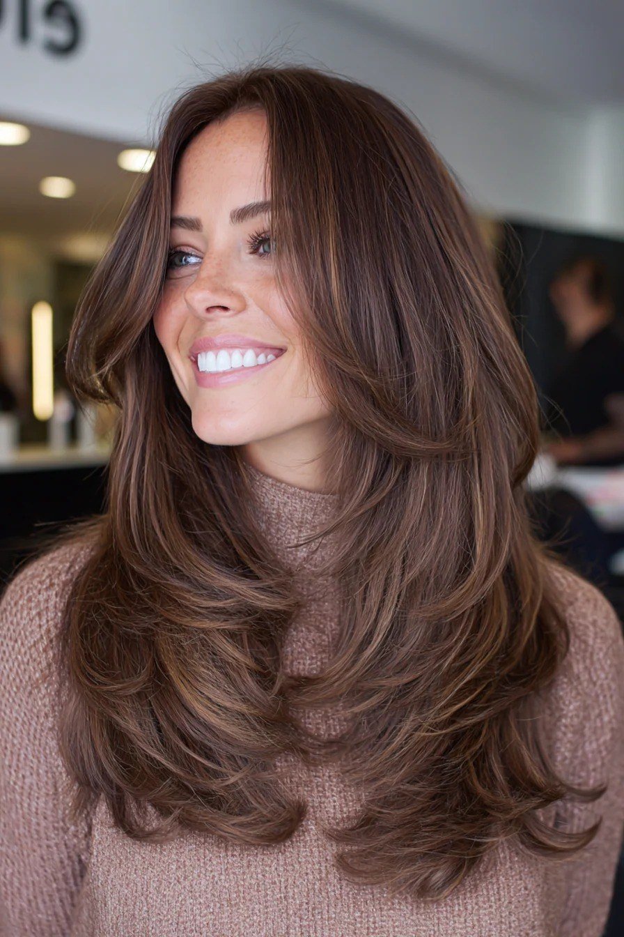 Long Glossy Brunette Layers - youthful hairstyle for women over 40