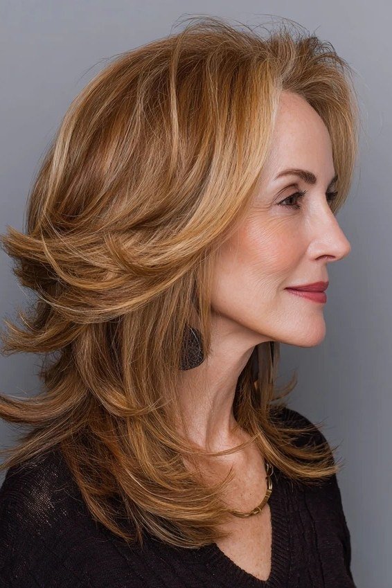 Mid Length Caramel Layered Blowout - youthful hairstyle for women over 40