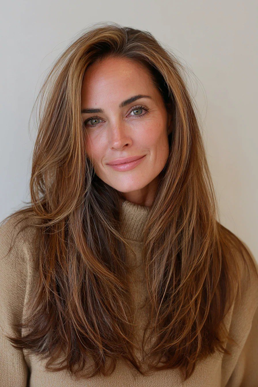 Sleek Chestnut Long Layers - youthful hairstyle for women over 40