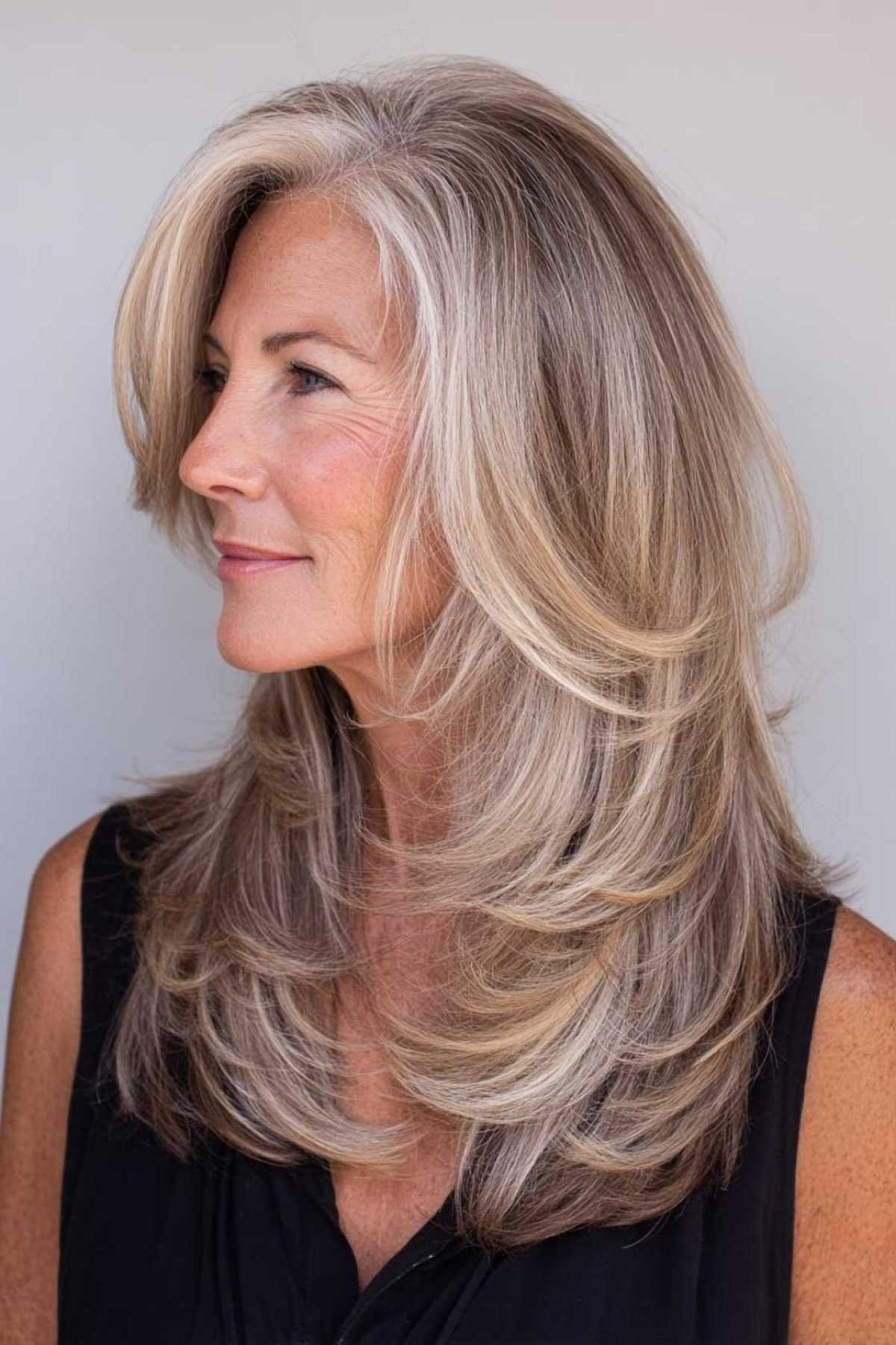 Long Silver Gray Layered Cut - youthful hairstyle for women over 40